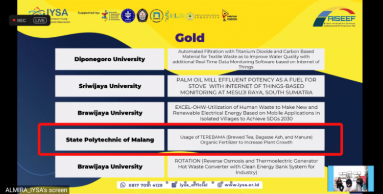 Ampas Teh dan Abu Ampas Tebu Membawa Mahasiswa Polinema Meraih Medali Emas Di AISEEF 2021